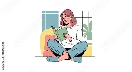 Flat vector of a woman reading a book, representing a calm moment in a commuter's urban lifestyle, perhaps during public transportation