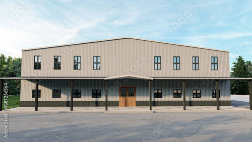 Bild auf Leinwand Modern Industrial Metal Warehouse Building with Porch 3D Render