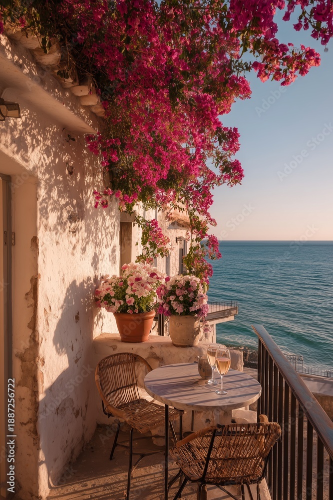 Fototapeta premium Mediterranean balcony with whitewashed walls and blooming bougainvillea overlooks the sea, table set with two wine glasses. Romantic coastal view at golden hour, peaceful and sunlit.