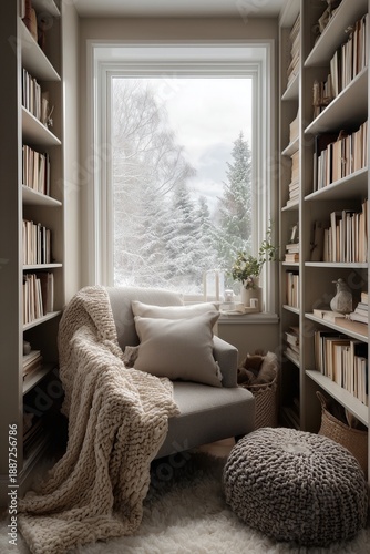 Scandinavian reading nook with built-in shelves, wool throw over armchair, snow outside window. Neutral textures, wood, and light create a peaceful winter retreat.