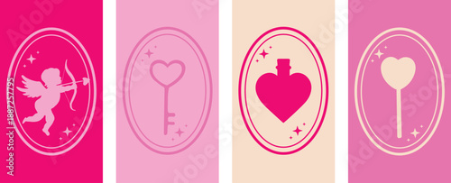 Love potion, heart-shaped candy, Cupid, key to the heart. Romantic concept.  Happy Valentine's day. Vector illustration. Trendy background. Phone wallpaper.	
