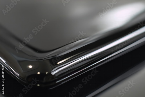 Close up view captures smooth glossy surface curves reflecting bright light streaks