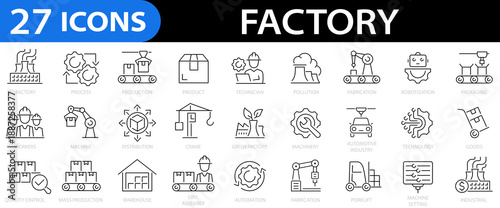 Factory 27 icon set. Production, machine, industry, warehouse, distribution, packaging, automation, product and more. Editable stroke. Vector illustration