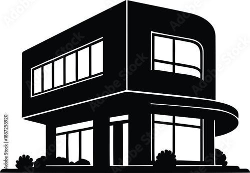 Modern minimalist house architecture icon with clean geometric lines, black and white building silhouette for real estate logo or construction design.