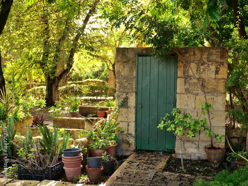Naklejka premium Rustic stone garden shed with green wooden door, sunlit steps, and numerous potted plants and trees. The tranquil scene captures a lush outdoor environment with strong sun and shadows, perfect for nat