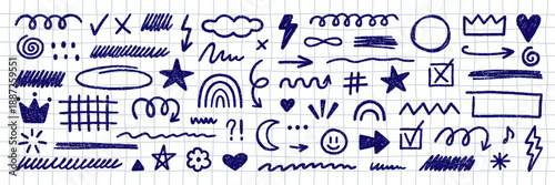 Chalk kids scribble elements, crayon blue pen shapes doodle set. Pencil underlines, check marks, arrows and stars in sketch style. Hand drawn illustration on white checkered notebook paper background