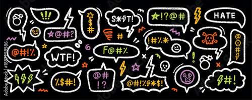 Comic crayon speech bubble with swear word and hate doodle. Hand drawn chalk grumpy text balloon with curse or insult in sketch style. Pencil rude profanity censorship in scribble talk cloud
