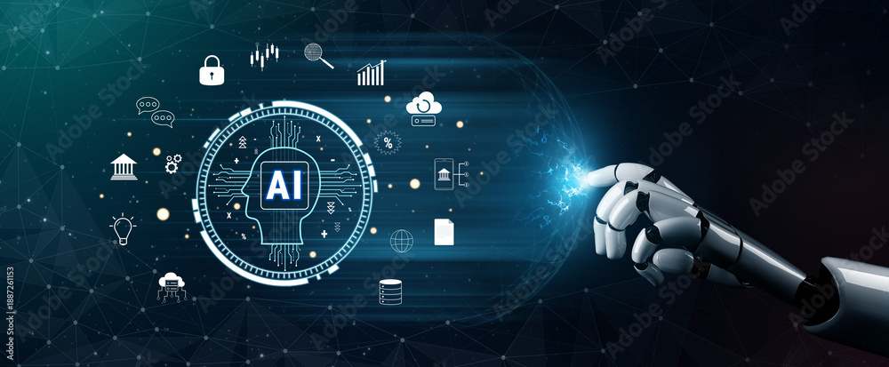 Obraz premium The core of FinTech and modern business is AI. A concept of using artificial intelligence for banking, investment, and data analysis. Motif