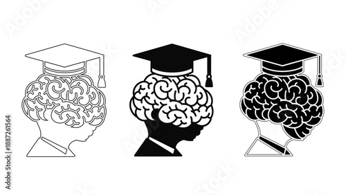 Brain Silhouette with Graduation Cap Icons  – Education, Mental Health, and Academic Success Concept