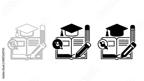 Brain ,book,pencil with Graduation Cap Icon  – Higher Education, Academic Success, and Mental Intelligence Concept