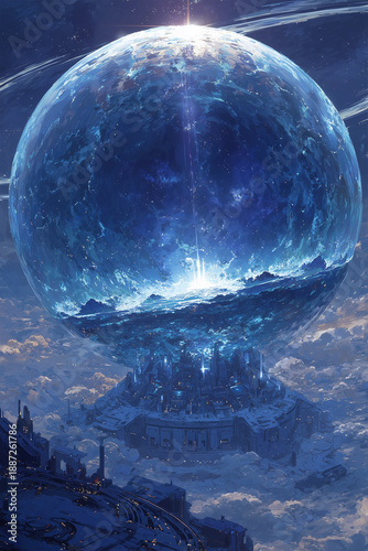 Futuristic City with Giant Blue Water Planet