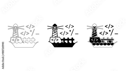Lighthouse Web Development and Programming Guidance Icons: Coding Script and Navigation Symbols