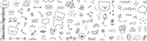 Set of cute pen line doodle element . Hand drawn doodle style collection of heart, arrows, scribble, flower, bear, speech bubble. Design for print, cartoon, clipart decoration, sticker. Pro Vector
