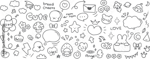 Set of cute pen line doodle element vector. Hand drawn doodle style collection of heart, flower, crown, word, mushroom, bread, rocket, squid. Design for decoration, sticker