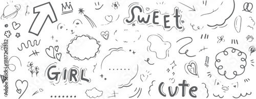 Set of cute pen line doodle element vector. Hand drawn doodle style collection of heart, flower, star, word, arrow, speech bubble, pig. Design for decoration, sticker, idol poster