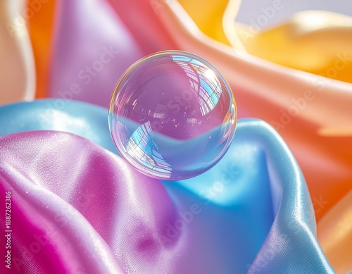 A vibrant abstract scene of floating soap bubbles, prismatic light refractions, and silky fabrics merging in motion to create a tactile, multi-sensory visual experience