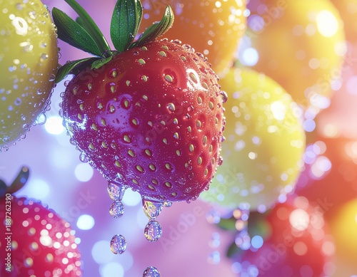 Hyper-realistic 3D composition of a surreal fruit cascade with vivid colors, luminous crystals, and glistening water droplets shimmering in cinematic light against a soft textured background