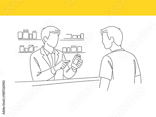 pharmacist and customer talking in pharmacy store