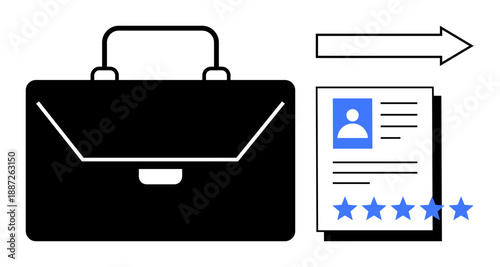 Black briefcase, resume document with profile icon and five-star rating, and arrow symbol. Ideal for job applications, recruitment, hiring process, career development, resume evaluation, HR