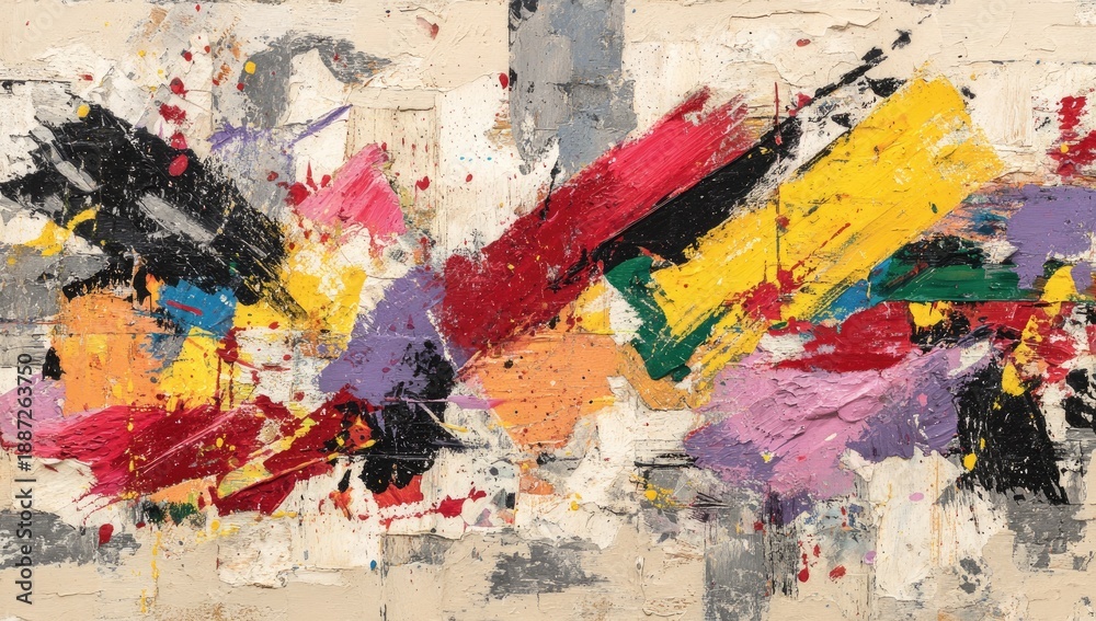 Fototapeta premium Abstract explosion of vibrant brushstrokes and splatters across textured canvas