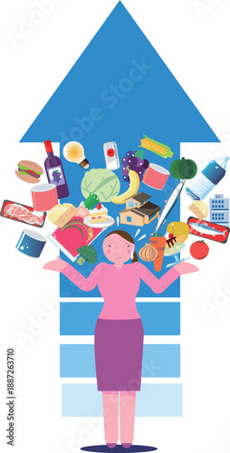 Illustration of a woman confused by the pressure of rising prices and an upward arrow of consumer goods