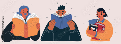 Cartoon vector illustration of people reading and holding books, learning, education and knowledge concept