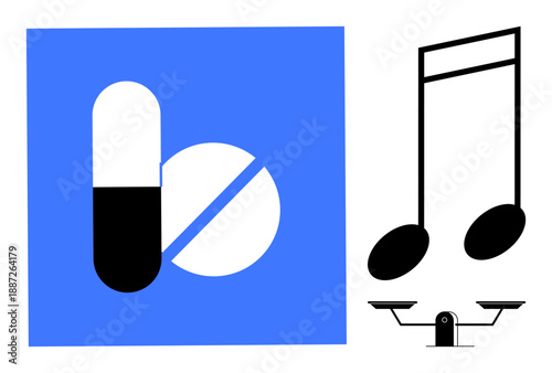 Healthcare, wellness, music therapy, balance, creativity, medication. A pill and tablet on the left, and a music note with scales on the right. Healthcare and music therapy symbolism