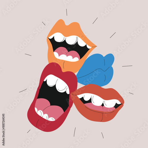 Vector illustration of open mouths with lips and teeth, shouting, smiling, expressive and poster composition concept