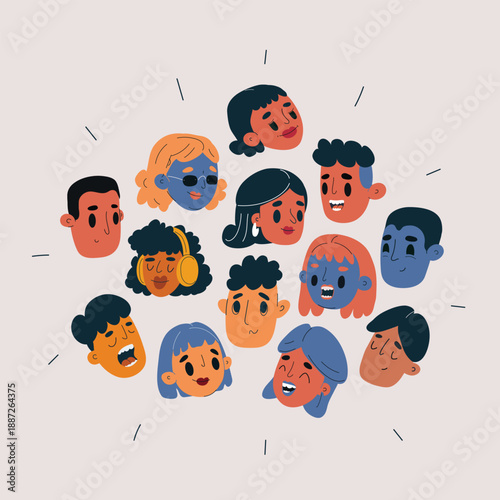 Vector illustration of group of faces, diverse people collection, community, society and inclusion concept