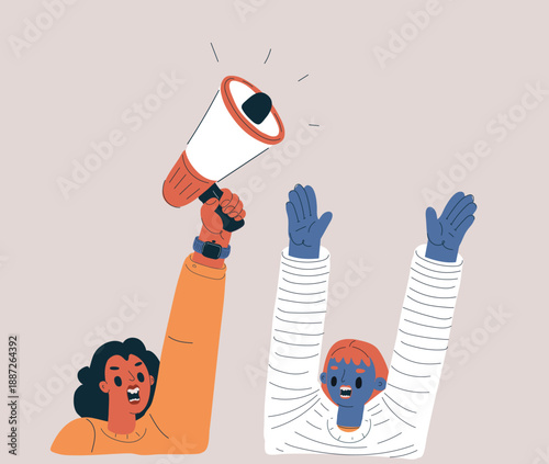 Vector illustration of two women shouting and holding megaphone with hands raised, protest, activism and strong expression concept