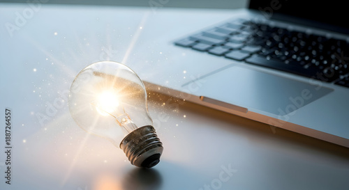 Glowing light bulb on desk with laptop in background symbolizing creativity and innovation in modern workspace