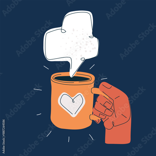 Vector illustration of hand holding mug with heart symbol, love, warmth and cozy comfort concept