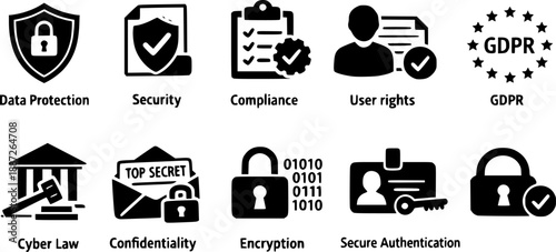 Privacy policy icon set. featuring data protection, security, compliance, user rights, GDPR, cyber law, confidentiality, encryption, and secure authentication. perfect flat icon collection. 