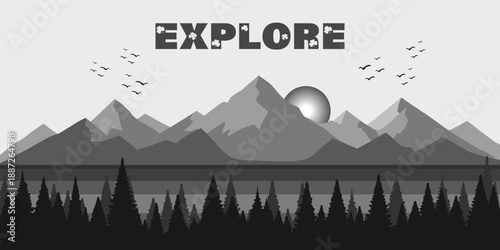 Minimal mountain landscape with explore badge style. Clean vector illustration perfect for outdoor logos, travel branding, adventure patches, apparel graphics, and minimalist designs.