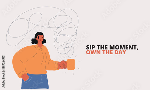 Villustration of woman holding mug with hot drink and steam rising, cozy, warmth and comfort concept