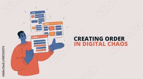 Vector illustration of man presenting interface, digital screen, technology and user experience concept