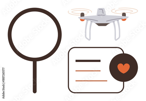 Digital search tools, quadcopter technology, data exploration, innovation, connection, futuristic design. Magnifying glass, flying Quadcopter text box with a heart shape. Digital search