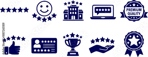 Five star rating icon set. featuring Five star, customer satisfaction, rating, hotel rating, business review, premium quality, online feedback and more icons. perfect vector icon collection