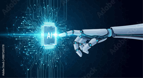 Robotic hand touches ai chip on circuit board background with glowing blue