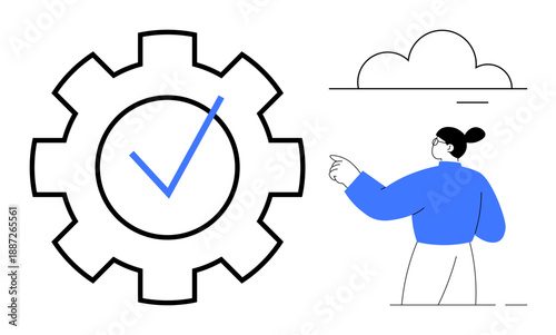 Process automation, quality assurance, workflow optimization, task completion, decision-making, productivity. Large gear with checkmark icon and pointing figure. Process automation and quality