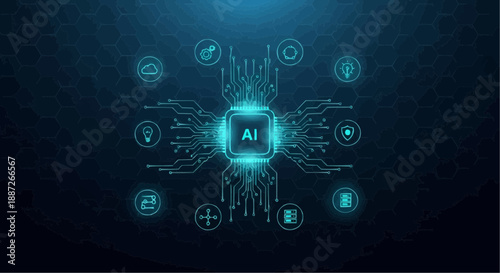 Glowing blue ai chip with circuit lines and icons on a dark background