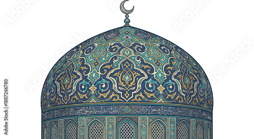 Intricately designed mosque dome with crescent moon finial in blue and gold