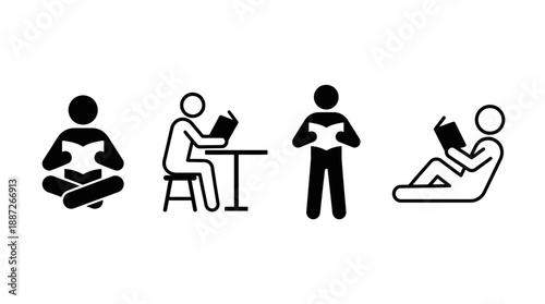 Vector reading icons set showing seated and kneeling figures with books in solid and outline styles for education, libraries, learning apps, and literacy design.