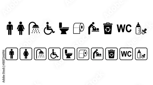 Vector restroom and hygiene facility icons set including WC, toilet, shower, baby care, accessibility, and recycling symbols for public signage, UI, and facility design.