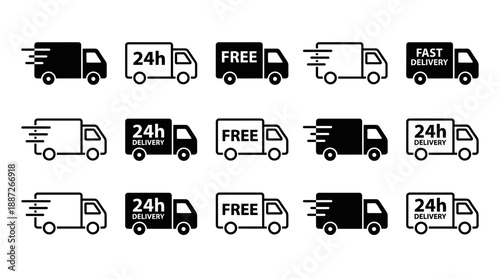 Vector delivery truck icons set featuring fast shipping, global logistics, 24h service, free delivery, ecommerce, and package tracking for apps, websites, and transport design.