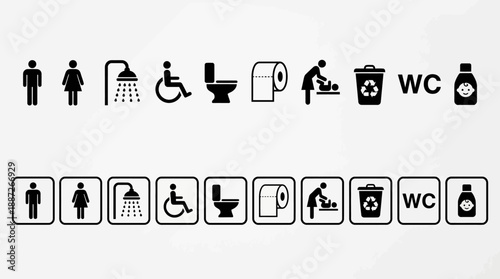 Vector restroom and hygiene facility icons set including WC, toilet, shower, baby care, accessibility, and recycling symbols for public signage, UI, and facility design.