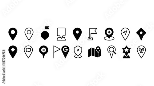 Vector location and map pin icons set featuring diverse styles for geolocation, navigation, GPS, travel apps, UI design, and digital cartography interfaces.