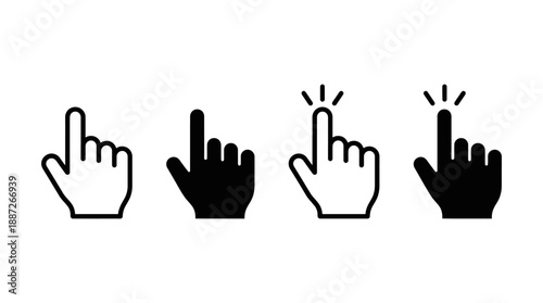 Vector hand gesture icons set showing pointing and clicking actions in outline and solid styles for UI, interaction, digital interfaces, apps, and web design.