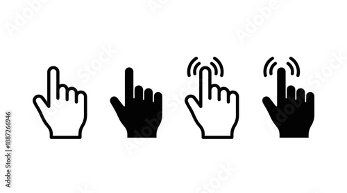 Vector hand gesture icons set showing pointing and clicking actions in outline and solid styles for UI, interaction, digital interfaces, apps, and web design.