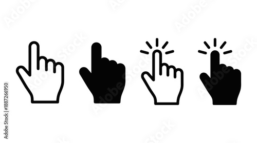 Vector hand gesture icons set showing pointing and clicking actions in outline and solid styles for UI, interaction, digital interfaces, apps, and web design.
